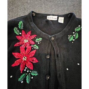 Vintage 90s B.D. Design Womens Black Cardigan With Red Poinsettia Embroidery